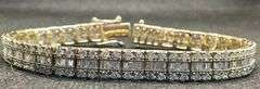 FANCY 14K SUNNY YELLOW GOLD GORGEOUS BAGUETTE AND ROUND BRILLIANT CUT DIAMOND TENNIS BRACELET