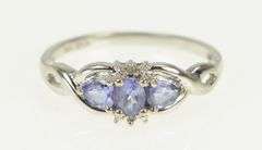 10K White Gold Tanzanite Three Stone Diamond Accent Vintage Ring
