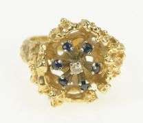 14K Yellow Gold Diamond Sapphire Textured Abstract Cluster Ring