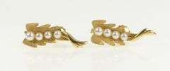 14K Yellow Gold 1960's Vintage Pearl Pea Pod Leaf Screw Back Earrings