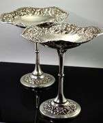 Stunning Pair of Stieff Hand-Chased Stemmed Candy Dishes
