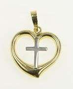 10K Yellow Gold Two Tone Heart Cross Christian Love Pendant