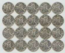 Flashy-white AU/BU roll of 20 mixed 'P' Mint Walking Liberty Halves