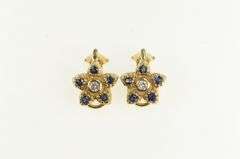 14K Yellow Gold Sapphire Flower Diamond Clip Back Ornate Earrings