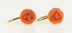 14K Yellow Gold Carved Coral Rose Flower Vintage Screw Back Earrings