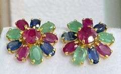 14KT YELLOW GOLD, RUBY, EMERALD, & BLUE SAPPHIRE EARRINGS