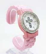 Fancy Pink Geneva Watch w/ Cross Graphic and Gemstones