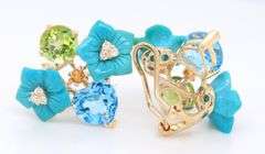 Lovely Yellow Gold Floral Turquoise Flower with Diamond and Topaz, Peridot, Citrine Omega Back Earrings