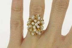 14K Yellow Gold 1960's Pearl Diamond Cluster Vintage Floral Ring