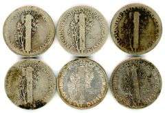 6 Different Silver Mercury Dimes: 1916-S-1945-S