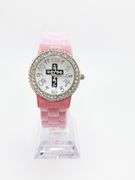 Fancy Pink Geneva Watch w/ Cross Graphic and Gemstones