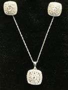 TIMELESS 10K WHITE GOLD MULTI DIAMOND CUSHION PENDANT NECKLACE AND STUD EARRINGS SET