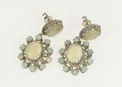 14K White Gold Ornate Classic Oval Natural Opal Halo Dangle Earrings