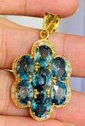 STUNNING 14KT SOLID YELLOW GOLD, 13.0+ CARAT BLUE ZIRCON & DIAMOND PENDANT