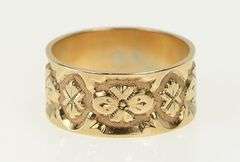 10K Yellow Gold Art Deco Ornate Blossom Flower 9.8mm Band Ring
