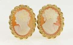 14K Yellow Gold Ornate Vintage Carved Shell Cameo Clip Back Earrings