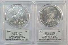 2022 & 2023 PCGS MS70 1st Day of Issue Reagan Legacy $1 Silver Eagles