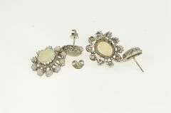 14K White Gold Ornate Classic Oval Natural Opal Halo Dangle Earrings