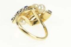 14K Yellow Gold Pearl Sapphire Diamond Vintage Cluster Bypass Ring