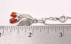 Coral Gem Flower Pendant Necklace In Sterling Silver