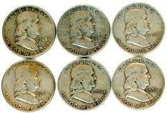 6 Different Silver Franklin Half Dollars