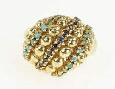 14K Yellow Gold 1960's Domed Turquoise Sapphire Striped Ring