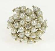 14K White Gold 1950's Pearl Diamond Cocktail Swirl Vintage Ring