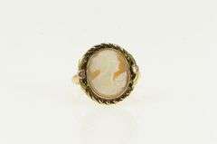 10K Yellow Gold Ornate Carved Shell Lady Cameo Statement Ring