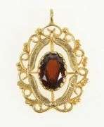 14K Yellow Gold Elaborate Oval Garnet Vintage Statement Charm/Pendant