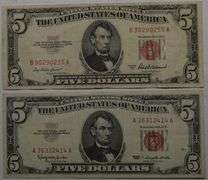 1953-A & 1963 Series $5 Five Dollars Red Seal Lincoln Bank Note US Bill (lot of 2)