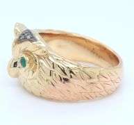 14kt Yellow Gold Emerald and Dark Charm Diamond Owl Ring