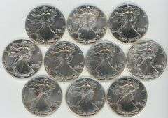 Superb Gem BU run of 10 Different $1 Silver Eagles 1986 to 1999