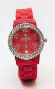 Fancy Pink Geneva Watch w/ Cross Graphic and Gemstones