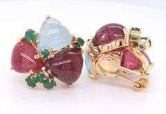 Charming Yellow Gold Heart Cab Ruby & Aquamarine and Emerald Art Deco Clip on Earrings