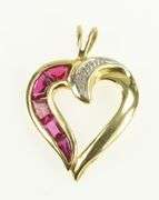 14K Yellow Gold Syn. Ruby Diamond Heart Love Symbol Pendant