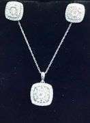 TIMELESS 10K WHITE GOLD MULTI DIAMOND CUSHION PENDANT NECKLACE AND STUD EARRINGS SET