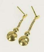 14K Yellow Gold Round Circle Striped Dangle Vintage Statement Earrings