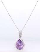 Pear Shaped Bezel Amethyst with Diamonds Pendant on Sterling Silver Chain