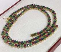 53.0+CARAT NATURAL RUBY, EMERALD, & BLUE SAPPHIRE NECKLACE IN 14KT SOLID YELLOW GOLD
