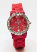 Fancy Pink Geneva Watch w/ Cross Graphic and Gemstones