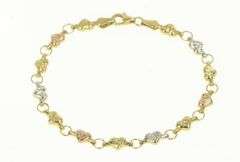 14K Yellow Gold Tri Tone Puffy Heart Link Vintage Tennis Bracelet