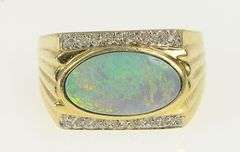 14K Yellow Gold Opal Diamond Squared Vintage Statement Ring