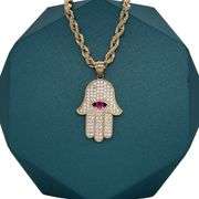 14K YELLOW GOLD SPARKLING HAMSA CHARM NECKLACE WITH PINK STONE