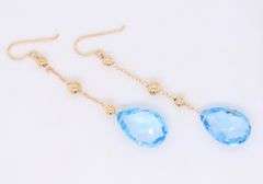 Attractive Yellow Gold Pear Shaped Blue Topaz Dangle Earrings