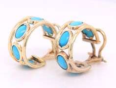 Attractive Yellow Gold oval Turquoise Bezel Set Hoop Earrings