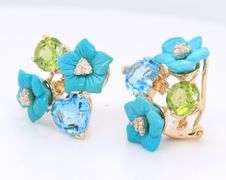 Lovely Yellow Gold Floral Turquoise Flower with Diamond and Topaz, Peridot, Citrine Omega Back Earrings
