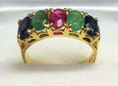 NATURAL RUBY, EMERALD, & BLUE SAPPHIRE GEMSTONE RING- 14KT SOLID YELLOW GOLD