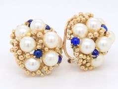 Wonderful Yellow Gold Pearl and Lapis Cluster Earrings