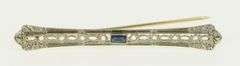 10K White Gold Art Deco Sapphire Ornate Filigree Bar Pin/Brooch