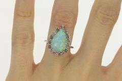 14K White Gold Pear Opal Diamond Halo Vintage Statement Ring